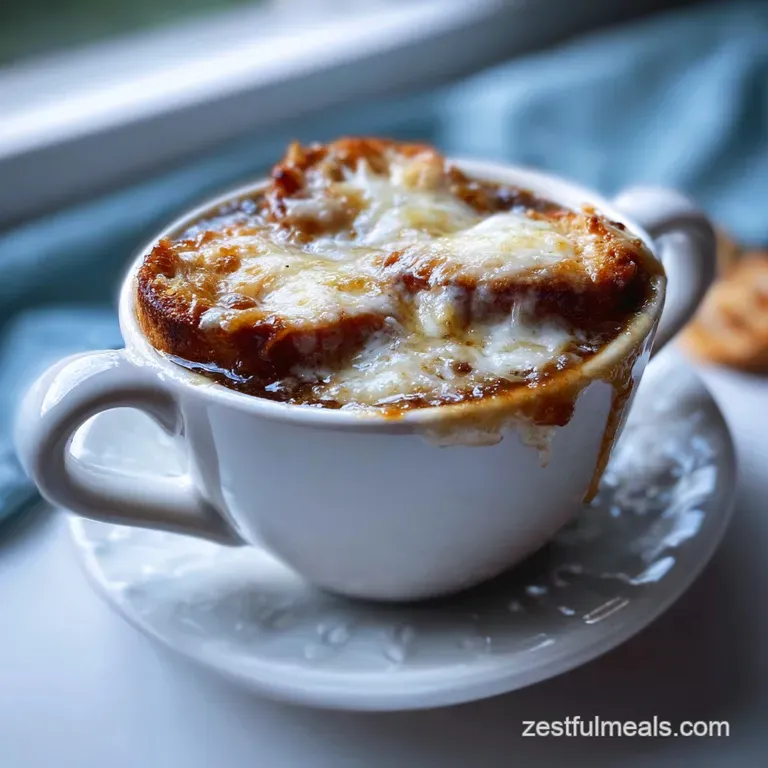 Golden-brown cheesy crouton floats atop rich, dark broth in a white bowl. Parsley sprig adds a pop of fresh green to the c...
