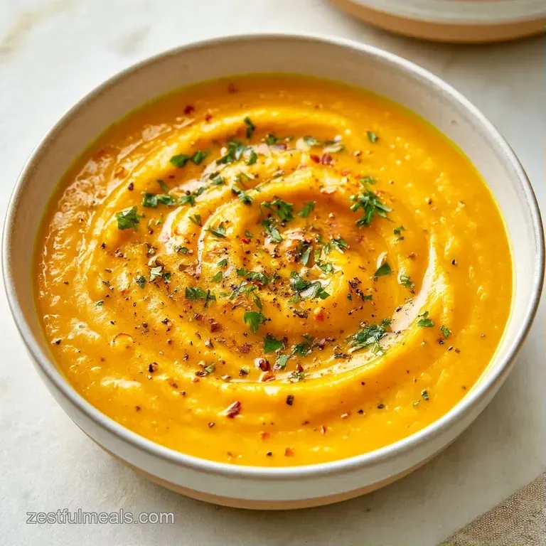 Elegant white bowl of thick, golden-orange soup topped with a silky cream swirl and fresh green parsley.