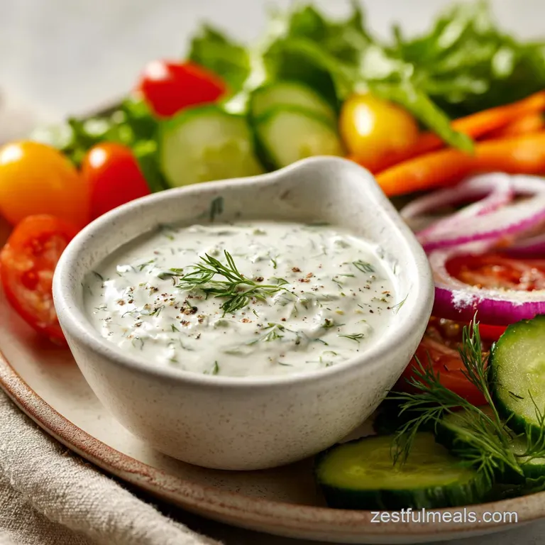 Creamy white vegan dressing artfully swirled on a plate near crisp greens. Fresh herbs add color & texture to this appetiz...