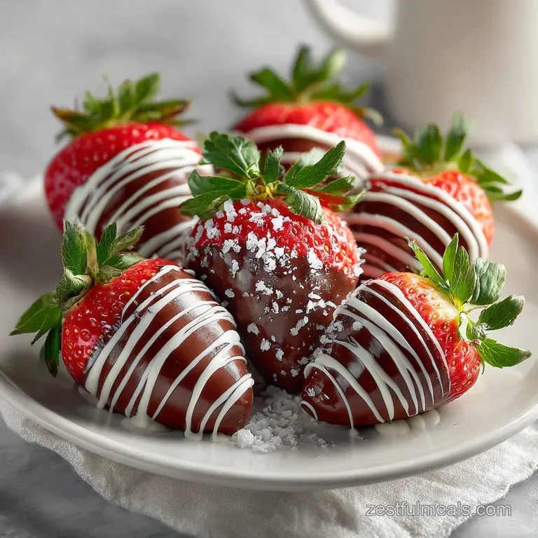 Elegant display of dark chocolate-covered strawberries, artfully arranged on a white platter with a dusting of cocoa powder.