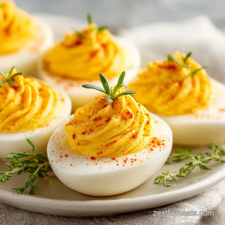 Elegant deviled egg halves, piped with a smooth filling, garnished with vibrant chives, served on a delicate porcelain plate.