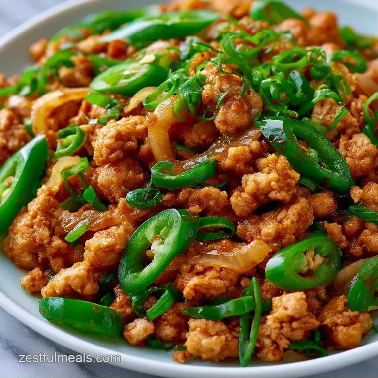 Elegant plating of spiced minced poultry with bright green peas, served beside warm, buttery garlic naan bread.