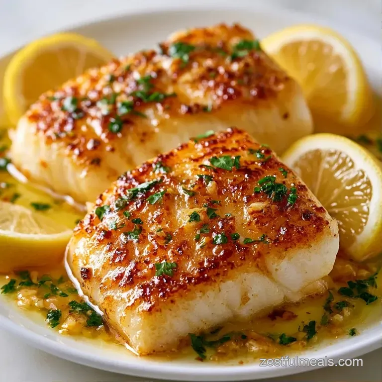 Two pan-seared white fish fillets topped with melted butter and herbs, served alongside vibrant green asparagus.