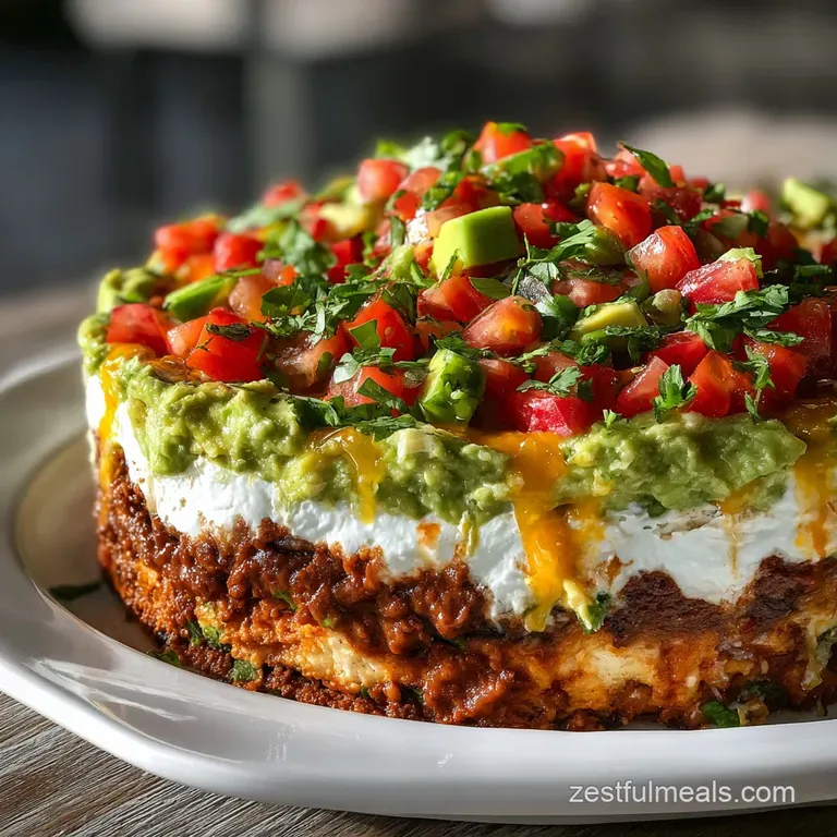 Individual portion of 7-layer dip: layers distinct, toppings fresh, cilantro garnish. Served with crisp tortilla chips.