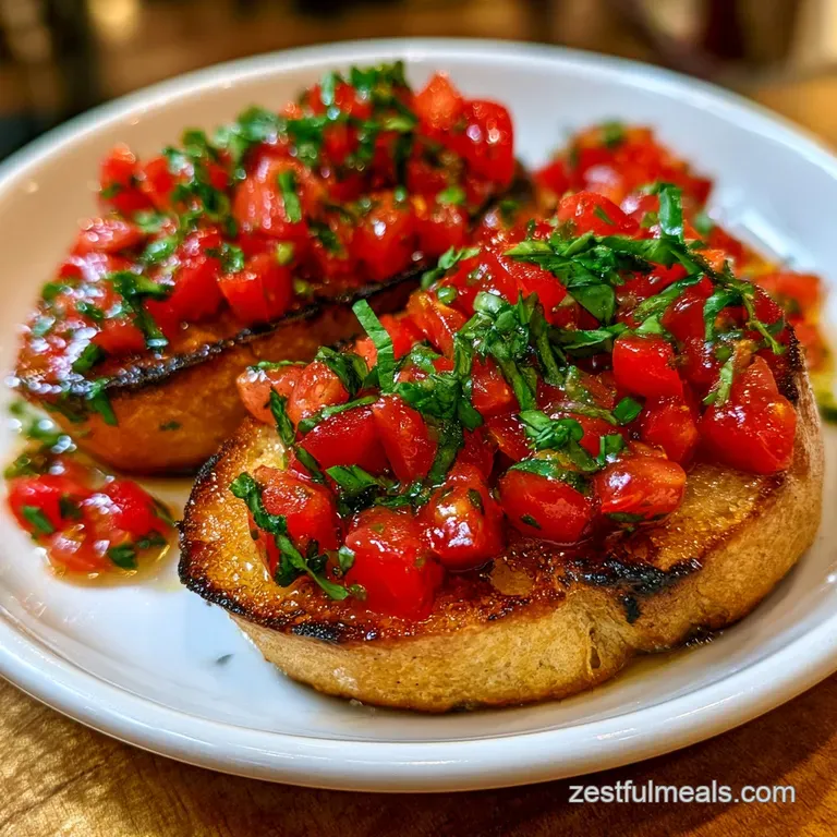 Toasted bread rounds with diced red tomatoes and emerald basil leaves arranged on a clean white ceramic platter.