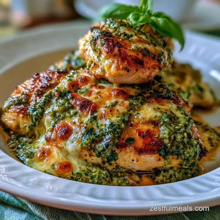 A white ceramic plate featuring golden seared chicken topped with bright green sauce and shaved parmesan curls.