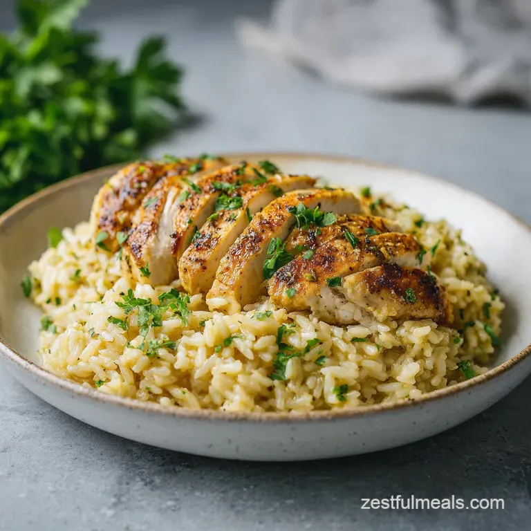 Elegant plate of fluffy rice with tender chicken, creamy sauce, and vibrant herbs, ready to enjoy.