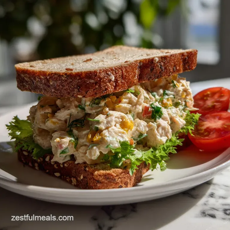 Chicken salad sandwich elegantly plated, crisp bread, speckled with herbs, alongside a small bowl of creamy, chilled, vibr...