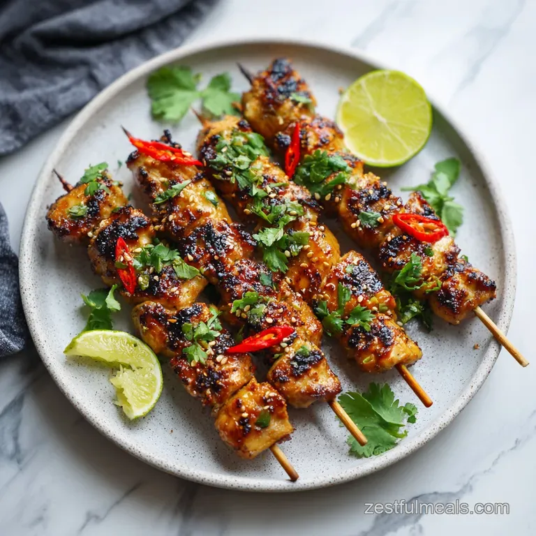 Elegant plate featuring juicy chicken skewers glazed with a glistening sauce, paired with a bright, crisp salad and lemon ...