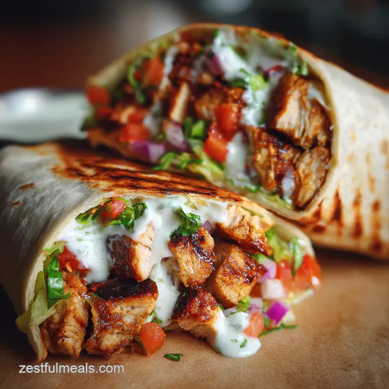 Grilled burrito halves on a plate, creamy sauce artfully drizzled with fresh cilantro & a side of colorful veggie sticks.