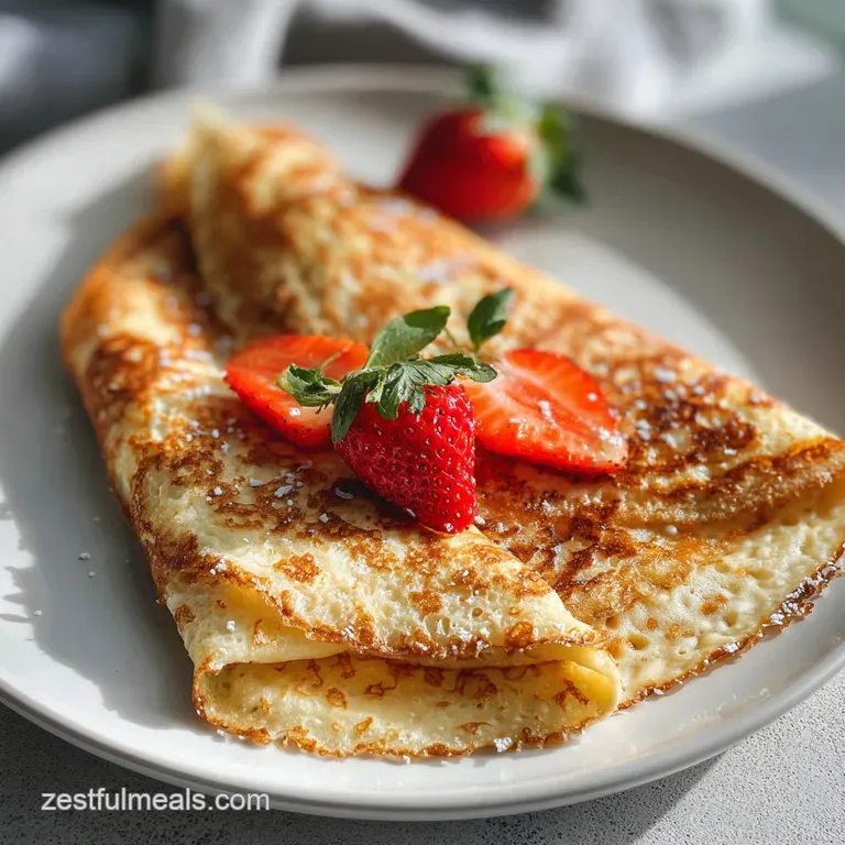 Delicate crepe elegantly folded on a white plate, drizzled with dark chocolate sauce and fresh strawberry slices.