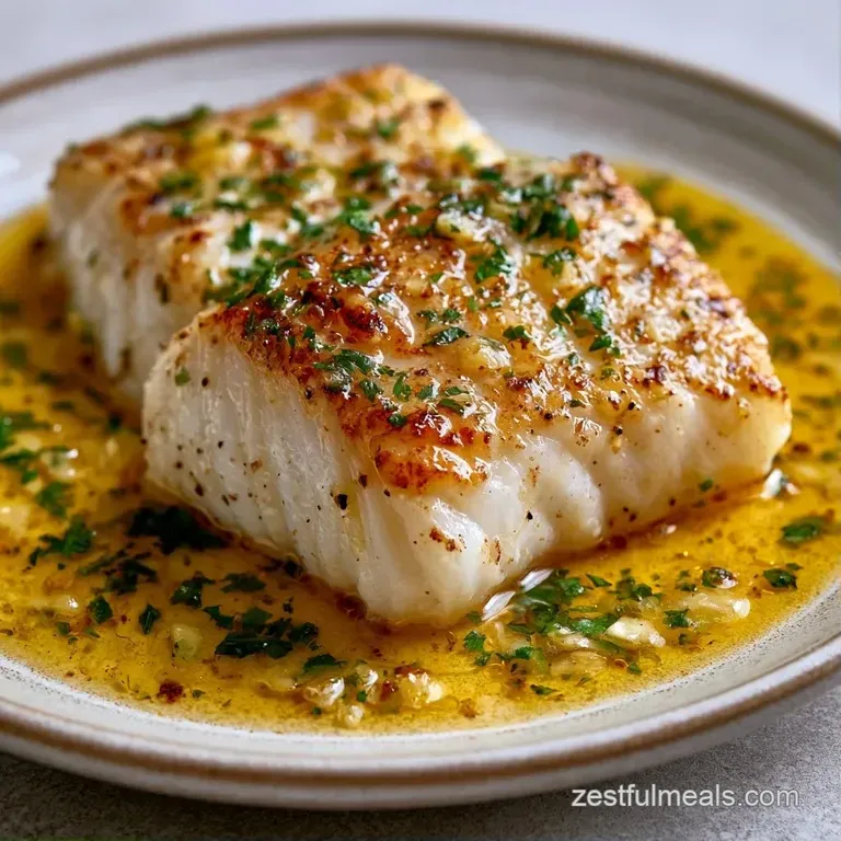 Pan-seared white fish fillets on a white platter, drizzled with melted garlic butter and garnished with lemon slices.