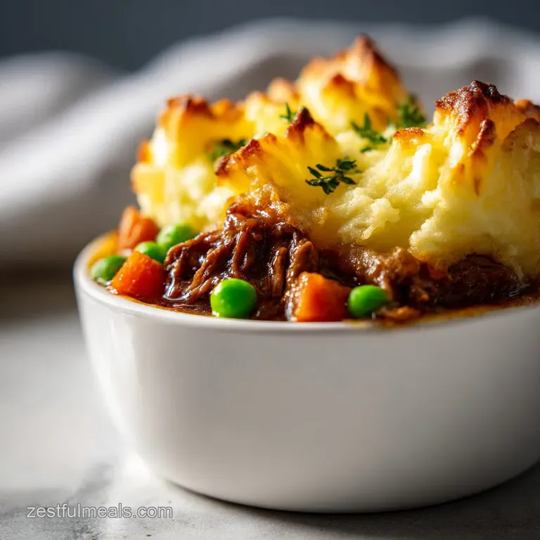 A golden mini potato-topped pie on a white plate, accented by a fresh parsley sprig and a drizzle of rich gravy.