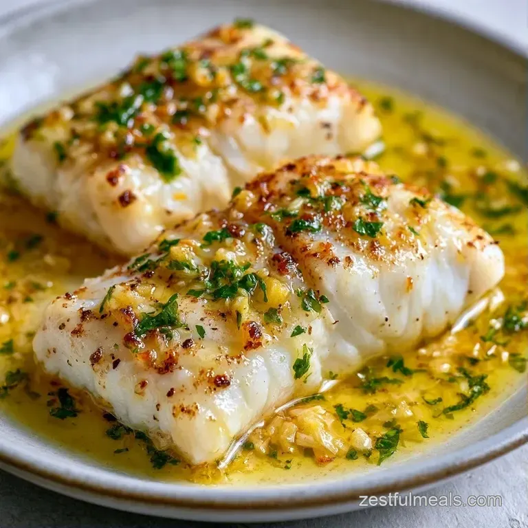 Flaky white fish fillet garnished with microgreens and lemon wedges on a modern, matte grey ceramic plate.