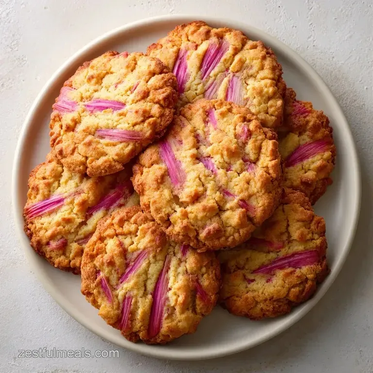 A stack of soft, buttery cookies on a white ceramic plate, paired with a linen napkin and fresh rhubarb stalks.