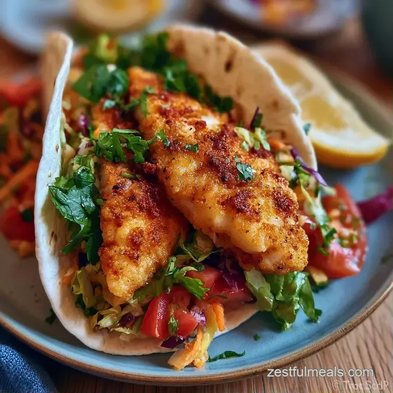 Three colorful fish tacos on a white platter with fresh lime wedges and a side of creamy, smooth avocado sauce.