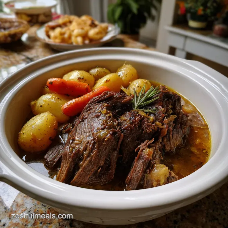 Fork-tender pot roast, elegantly plated with vibrant carrots and potatoes, and drizzled with a glossy, flavorful jus for a...