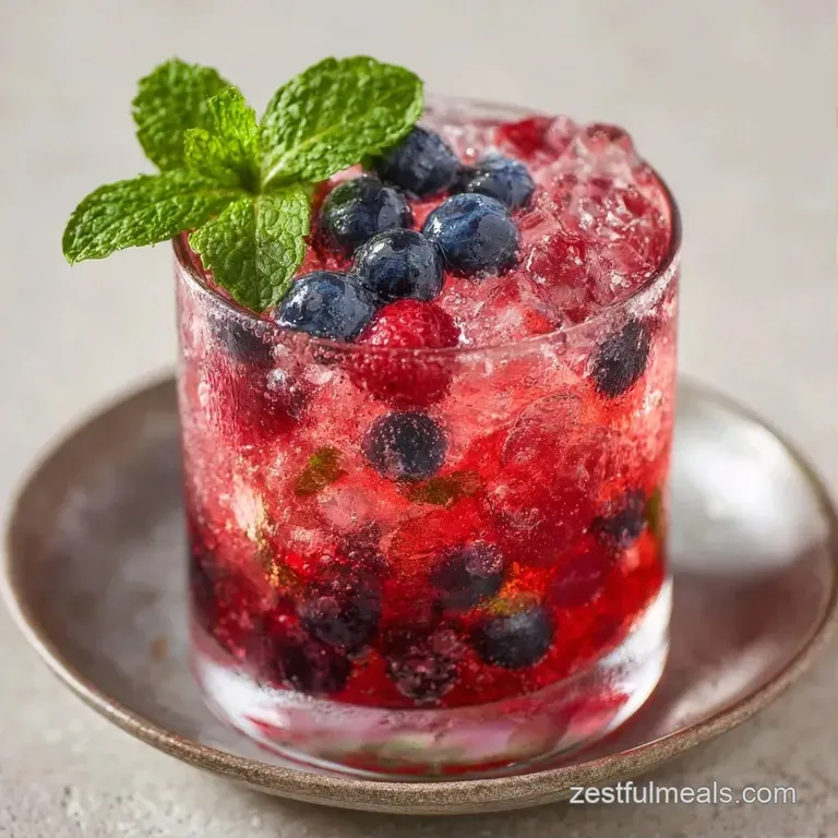 Elegant crystal flute filled with shimmering golden liquid and floating blueberries on a white marble tabletop.