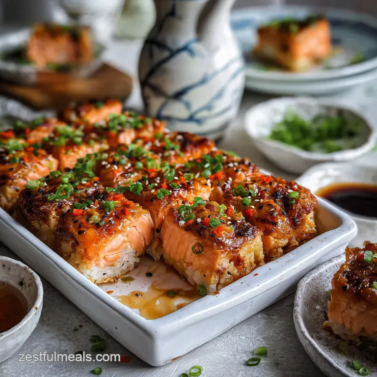 Slice of salmon bake on a plate showing crispy edges, layers of rice and salmon, with a spicy mayo drizzle and scallion ga...
