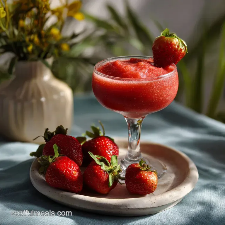 Elegant, chilled daiquiri in a coupe glass. Crimson hues of the blended strawberry mixture with a sugared rim, perfect for...