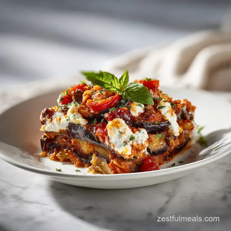 Slice of layered eggplant casserole with melted cheese and herbs, presented on a white plate with a fork.