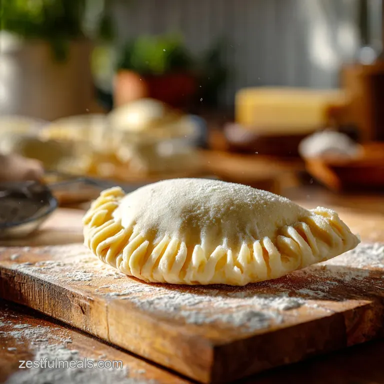 A single golden-brown empanada on a white plate, sprinkled with herbs. A tempting pastry, radiating warmth and savory good...