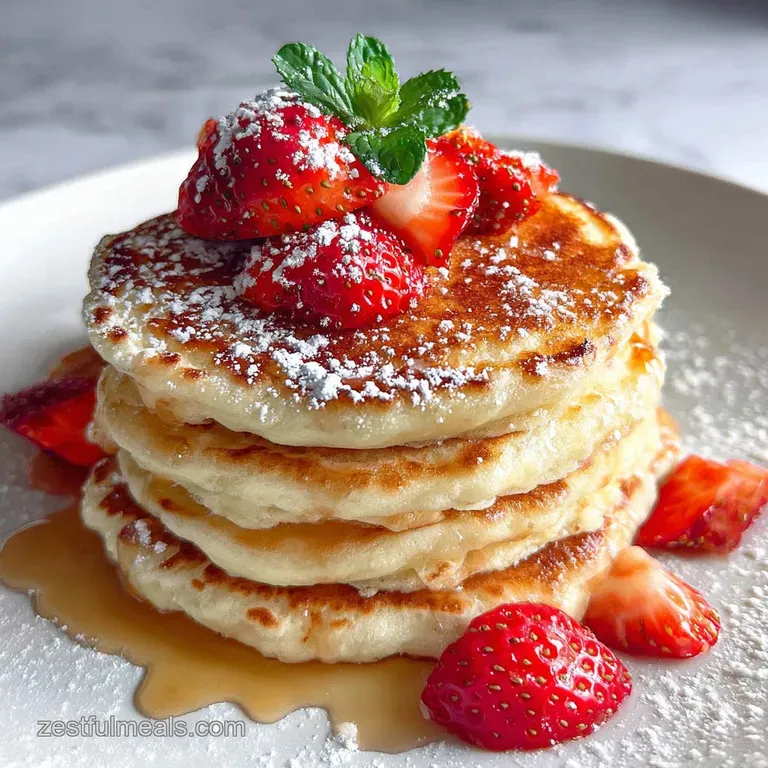 Fluffy pancake stack, elegantly plated with fresh berries and whipped cream. Syrup cascades down, creating a tempting, swe...