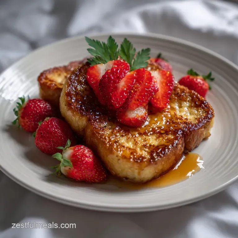 Fluffy French toast artfully arranged on a white plate, showcasing its caramelized surface, beside a small bowl of fresh b...