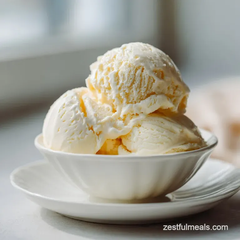 Elegant scoop of French vanilla ice cream melting slightly on a clear glass dish, drizzled with caramel and topped with to...