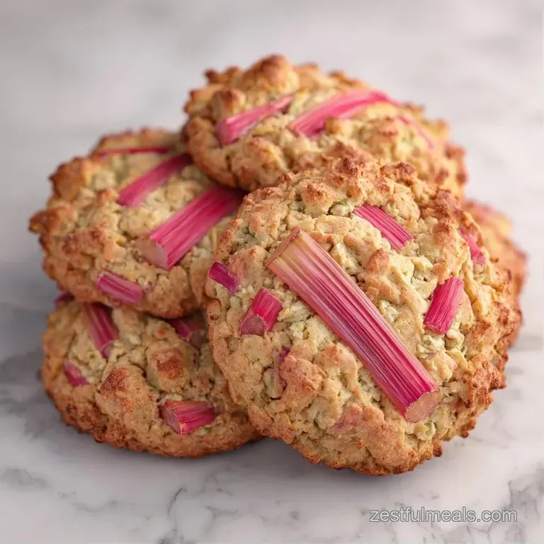 A stack of soft, buttery cookies with bright red fruit swirls served on a white ceramic plate with fresh rhubarb stalks.