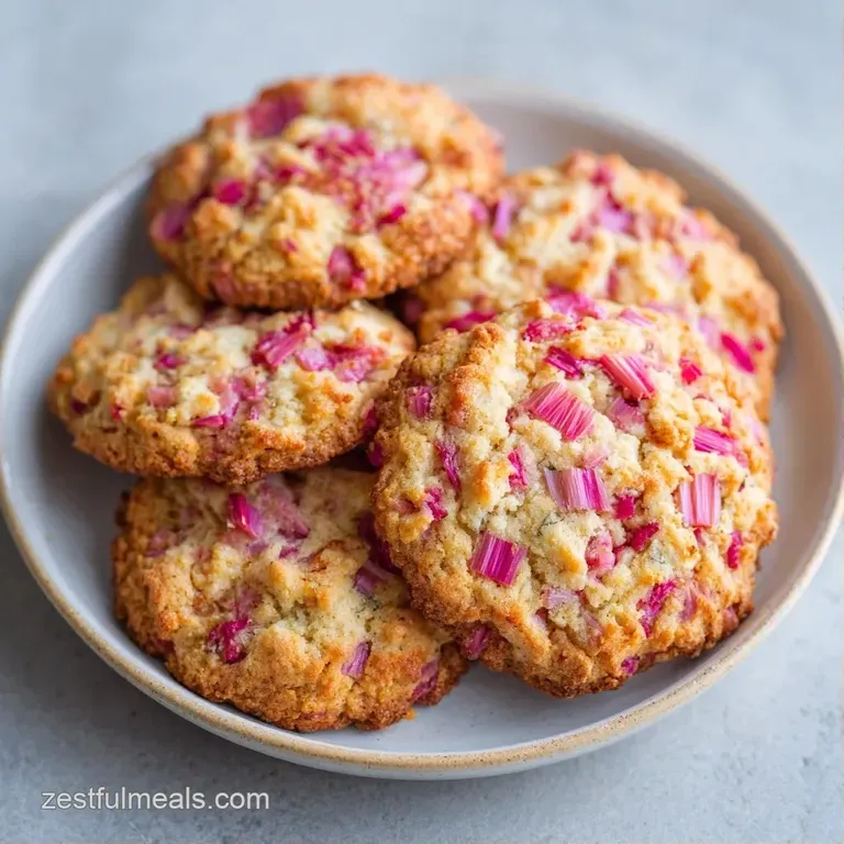 A neat stack of pale gold cookies on a white ceramic plate, garnished with a fresh, vibrant red rhubarb stem.