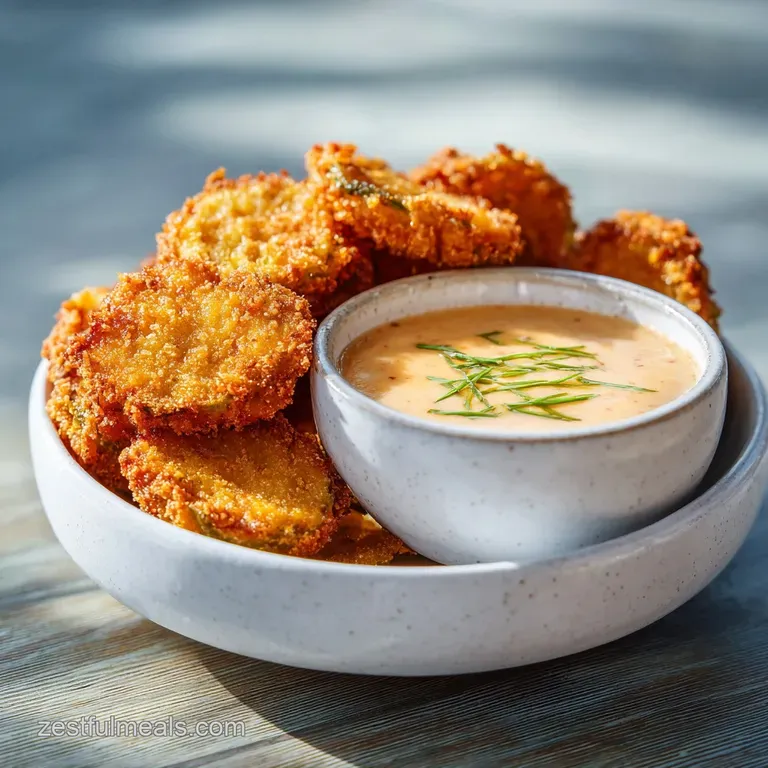 Artfully plated fried pickles and dipping sauce. The sauce's smooth texture contrasts with the pickles' craggy, light-brow...