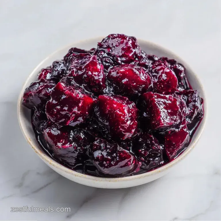 A swirl of thick, ruby-red fruit preserve on a white ceramic plate next to a buttered, toasted sourdough slice.
