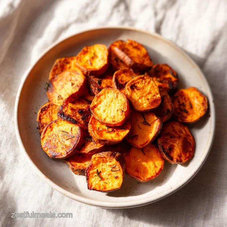 Glossy, caramelized sweet potato chunks piled high on a white plate, garnished with fresh herbs, inviting and warm.
