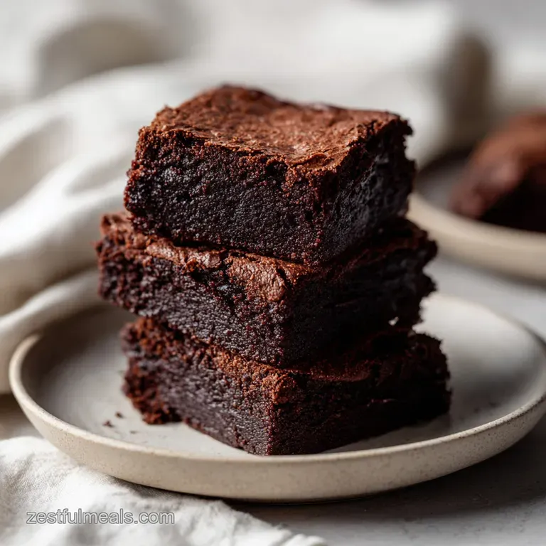 A glistening, dark brownie square served on a white plate, garnished with fresh raspberries and a dusting of cocoa powder....