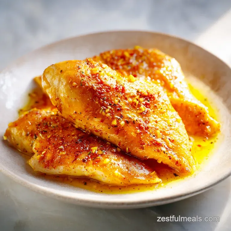 Tender sliced chicken breast with a glistening golden glaze, elegantly plated with a side of vibrant asparagus.