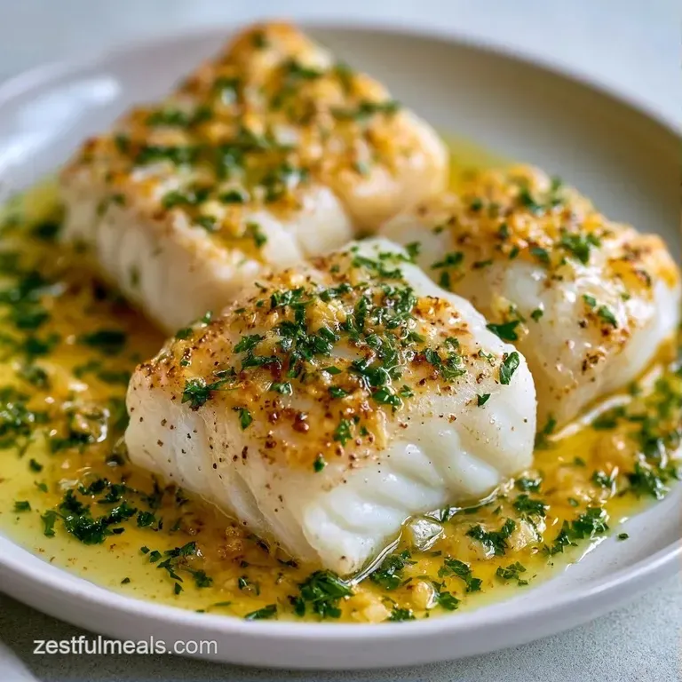 White fish fillets glistening with butter, served with charred lemon slices and saut&eacute;ed spinach on a ceramic plate.