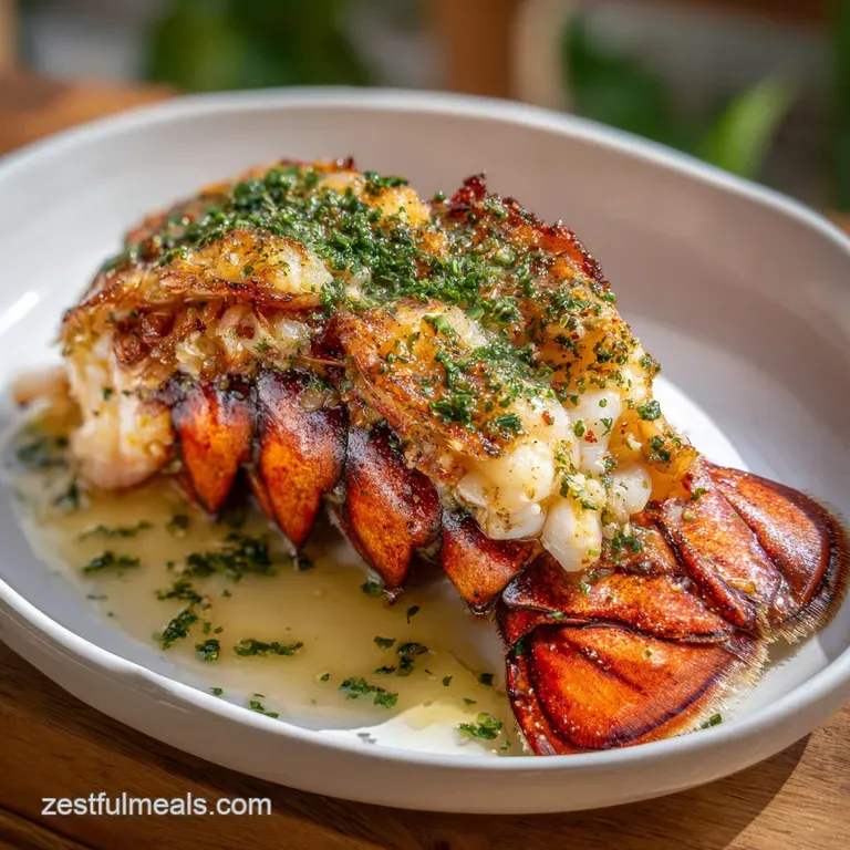 Plated lobster tail drizzled in garlic butter, next to asparagus spears, artfully arranged, on white plate with a clean, c...