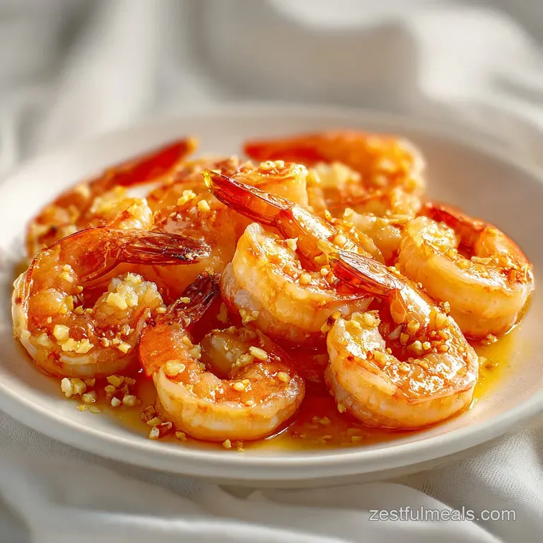 Saut&eacute;ed pink shrimp arranged on a white ceramic plate with a drizzle of melted butter and a wedge of bright lemon.