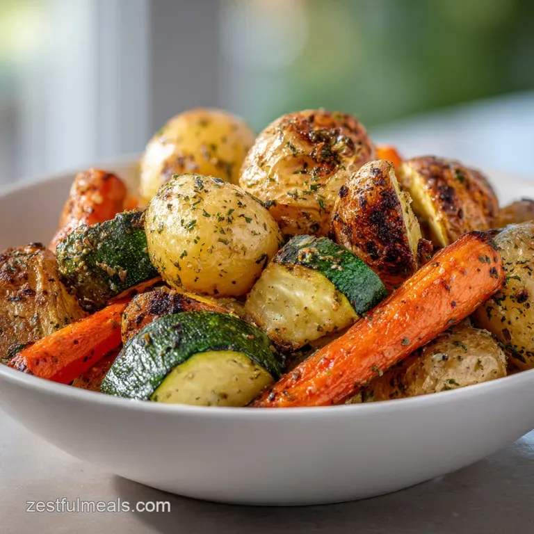 Pile of rustic roasted potatoes with herbs, served in a shallow bowl. The potatoes are golden with browned edges, appealin...