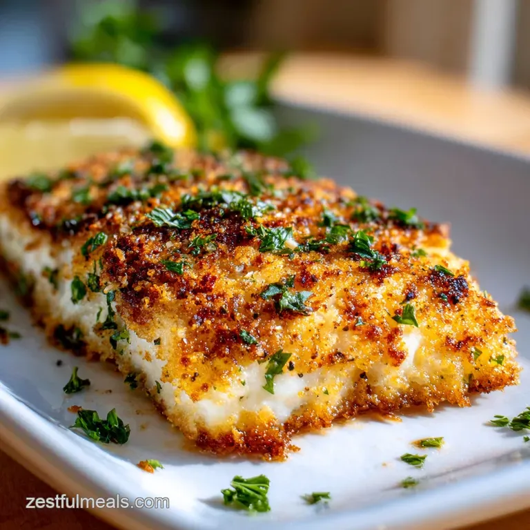 Elegant halibut fillet with a crisp, cheesy crust, artfully plated with bright green asparagus and a drizzle of lemon butt...