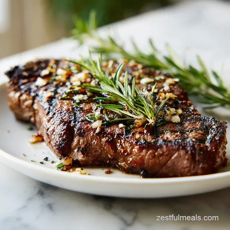 Seared steak slices arranged artfully on a white plate, rosemary garnish. Charred edges offer a hint of smoky flavor; glis...