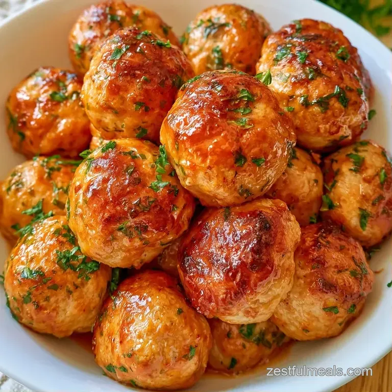 Three seared, juicy meatballs arranged on a white platter with a glossy glaze and a fresh sprig of thyme.