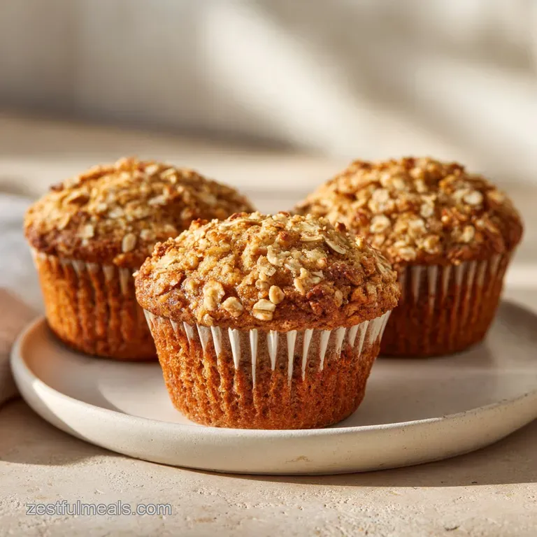 A moist oat muffin on a white ceramic plate beside a folded linen napkin and a glistening swirl of golden honey.