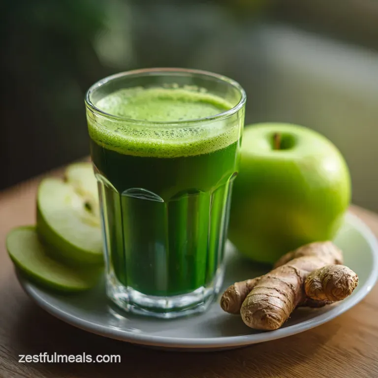 Tall glass of emerald green juice with a frothy top, garnished with a crisp apple wedge. Inviting, bright and clean.