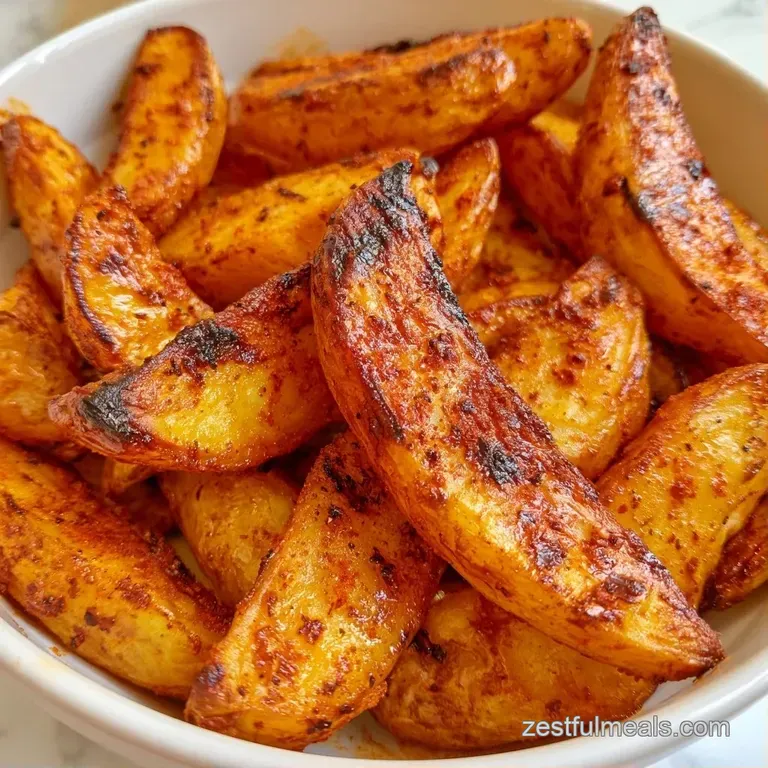Neatly stacked golden potato wedges beside a small ceramic bowl of creamy garlic dip and a sprig of rosemary.