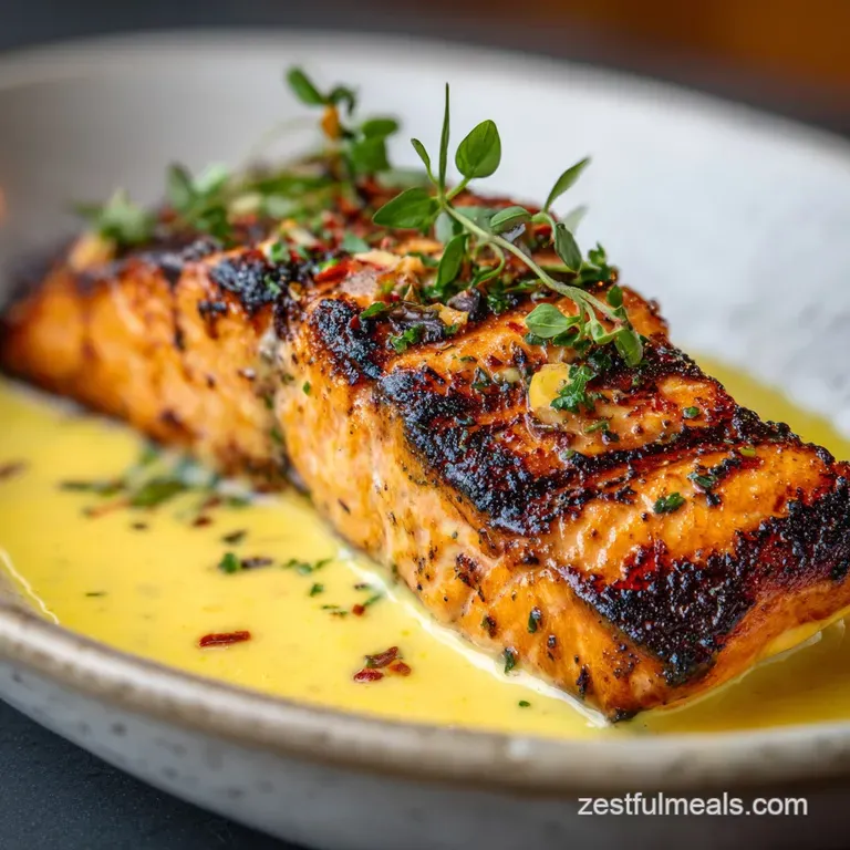 Perfectly grilled salmon with Dijon glaze, plated with roasted potatoes & vibrant greens. A complete, delicious meal.
