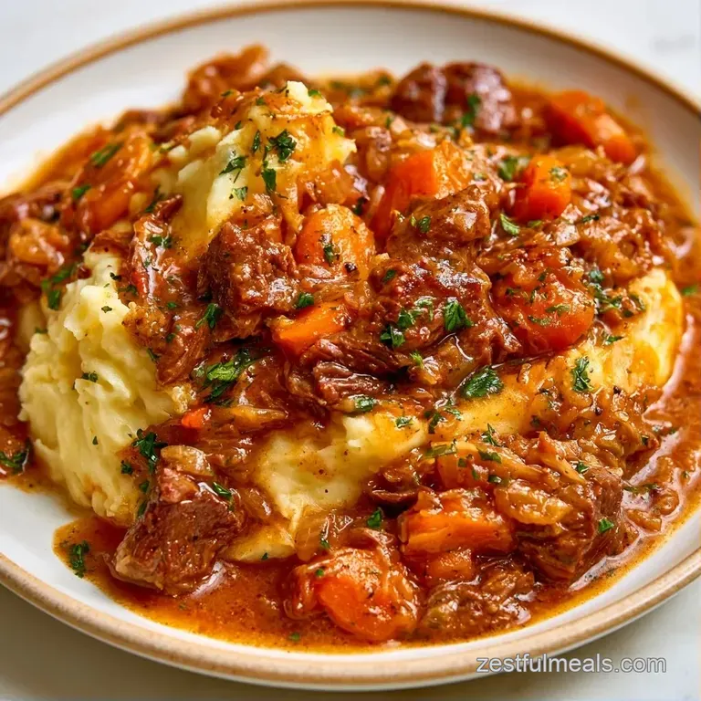 A generous scoop of savory beef and carrots topped with buttery whipped potatoes on a minimalist white plate.