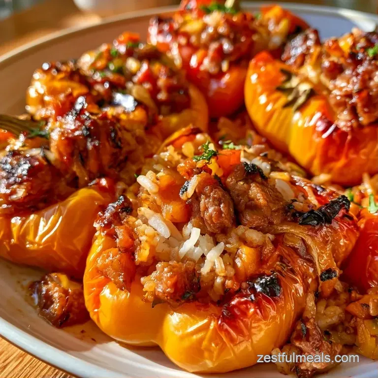 Colorful bell peppers filled with seasoned meat and grains, plated elegantly on a matte black platter with herbs.