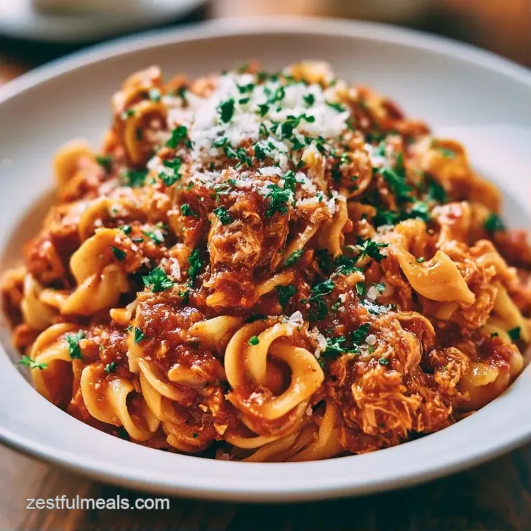 Swirls of pasta topped with a rich, savory meat sauce and fresh basil on a minimalist white ceramic dinner plate.
